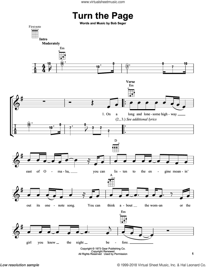 Turn The Page sheet music for ukulele by Bob Seger and Metallica, intermediate skill level