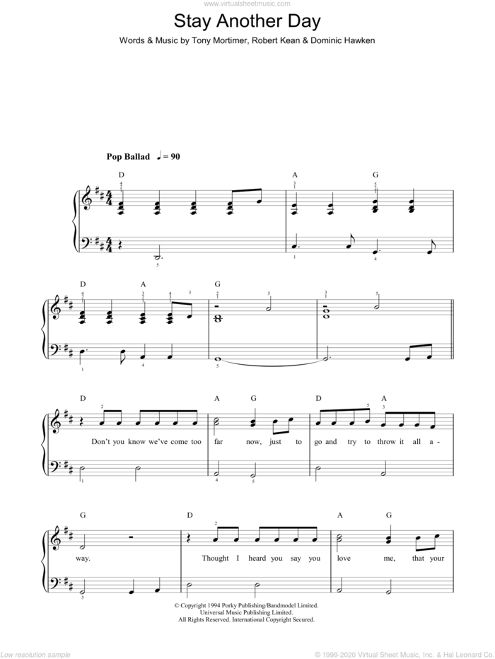 Stay Another Day sheet music for piano solo by East 17, Dominic Hawken, Robert Kean and Tony Mortimer, easy skill level