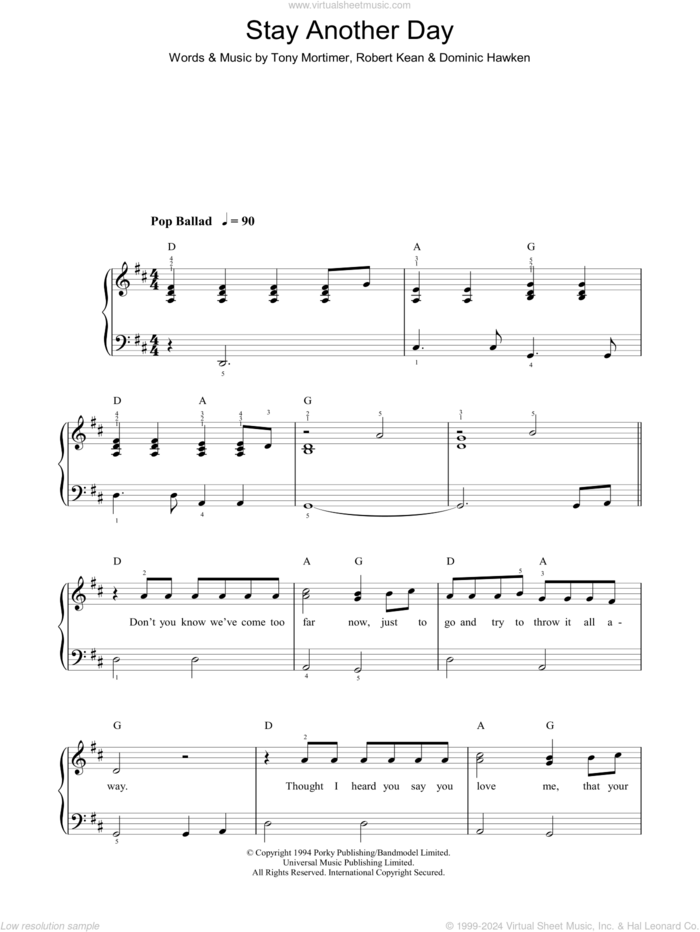 Stay Another Day, (easy) sheet music for piano solo by East 17, Dominic Hawken, Robert Kean and Tony Mortimer, easy skill level