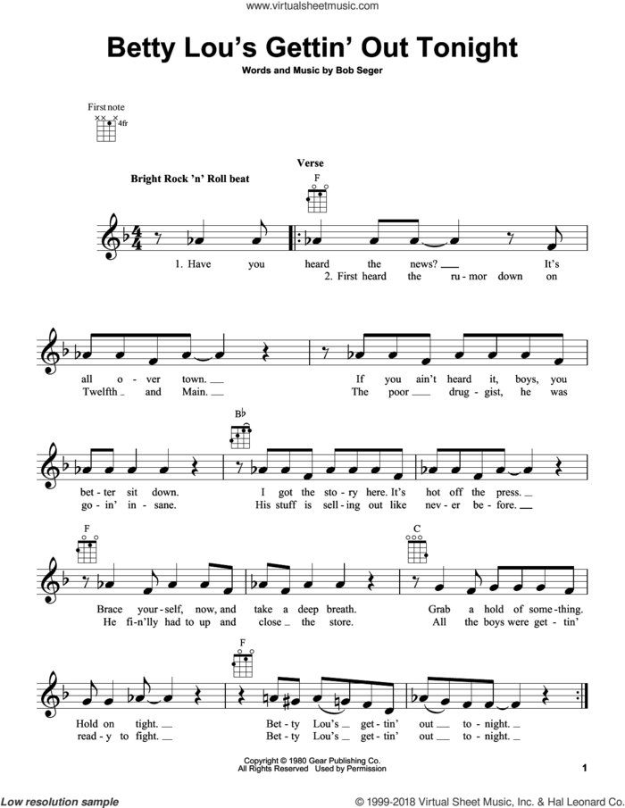 Betty Lou's Gettin' Out Tonight sheet music for ukulele by Bob Seger, intermediate skill level