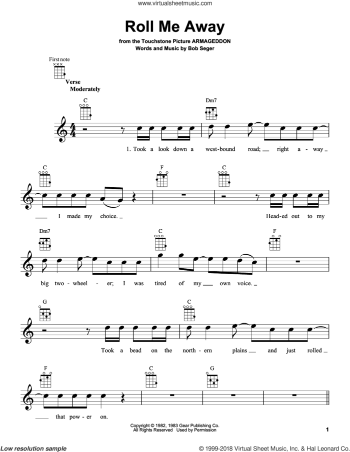 Roll Me Away sheet music for ukulele by Bob Seger and Bob Seger and the Silver Bullet Band, intermediate skill level