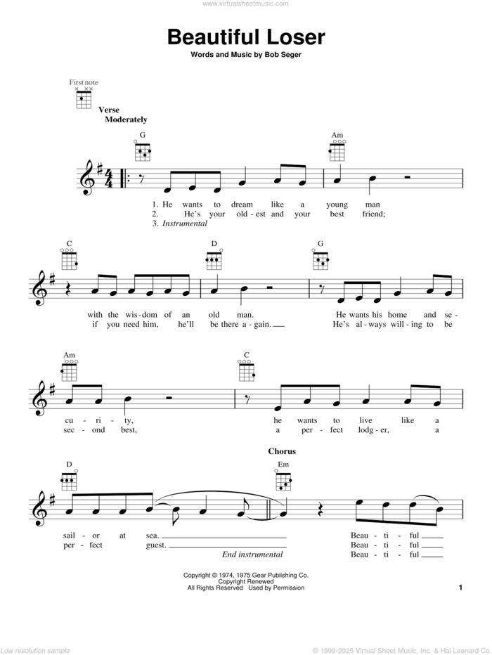 Beautiful Loser sheet music for ukulele by Bob Seger, intermediate skill level