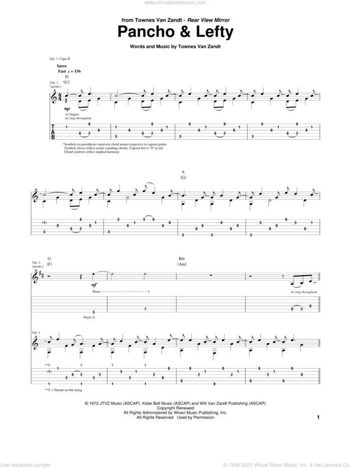 Pancho And Lefty sheet music for guitar (tablature) by Townes Van Zandt and Willie Nelson & Merle Haggard, intermediate skill level