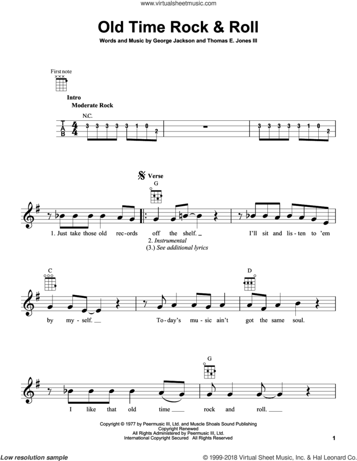 Old Time Rock and Roll sheet music for ukulele by Bob Seger, George Jackson and Tom Jones, intermediate skill level