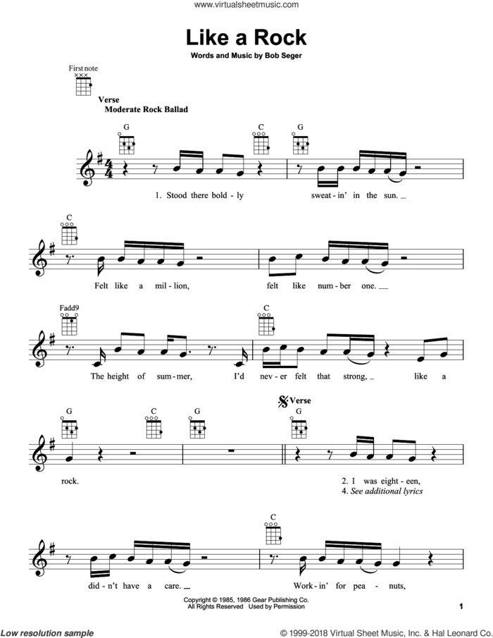 Like A Rock sheet music for ukulele by Bob Seger, intermediate skill level