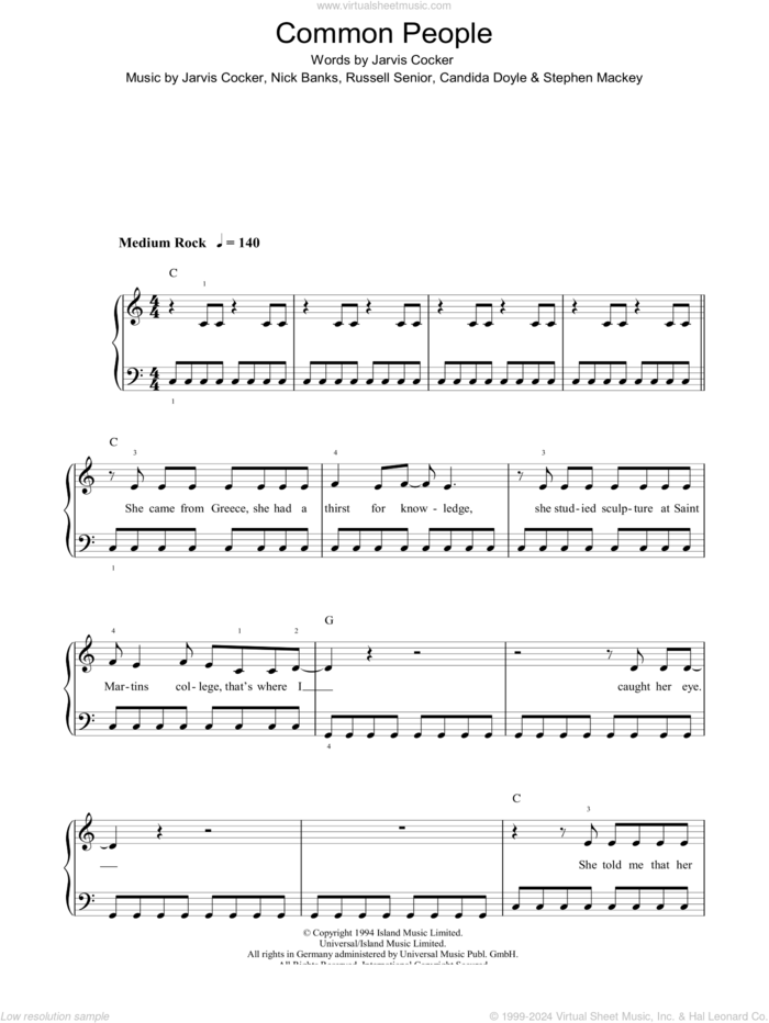 Common People sheet music for piano solo by Pulp, Candida Doyle, Jarvis Cocker, Nick Banks, Russell Senior and Stephen Mackey, easy skill level