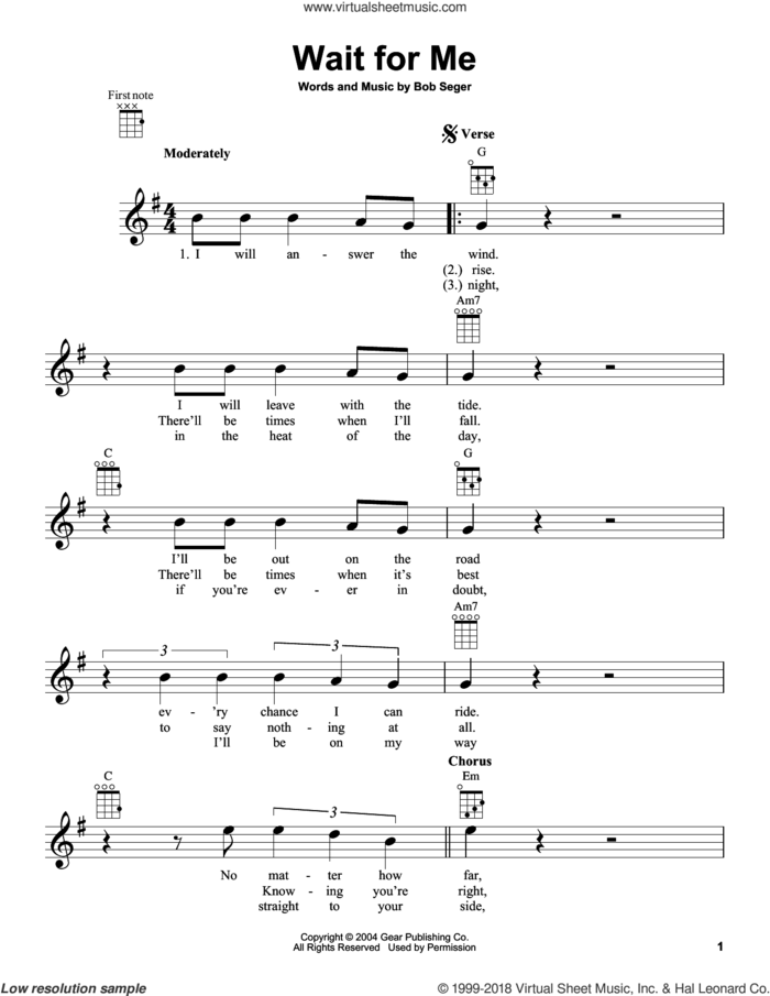 Wait For Me sheet music for ukulele by Bob Seger, intermediate skill level