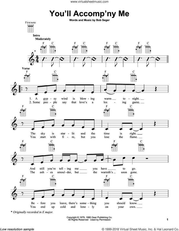 You'll Accomp'ny Me sheet music for ukulele by Bob Seger, wedding score, intermediate skill level