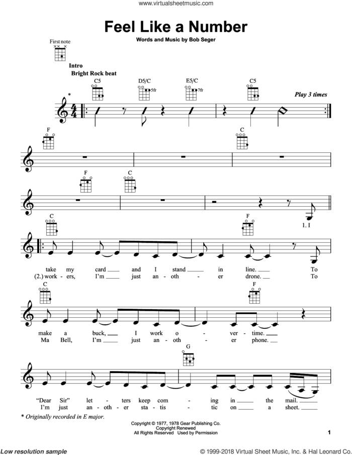 Feel Like A Number sheet music for ukulele by Bob Seger, intermediate skill level