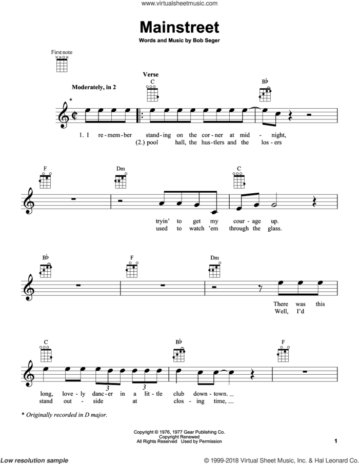 Mainstreet sheet music for ukulele by Bob Seger, intermediate skill level