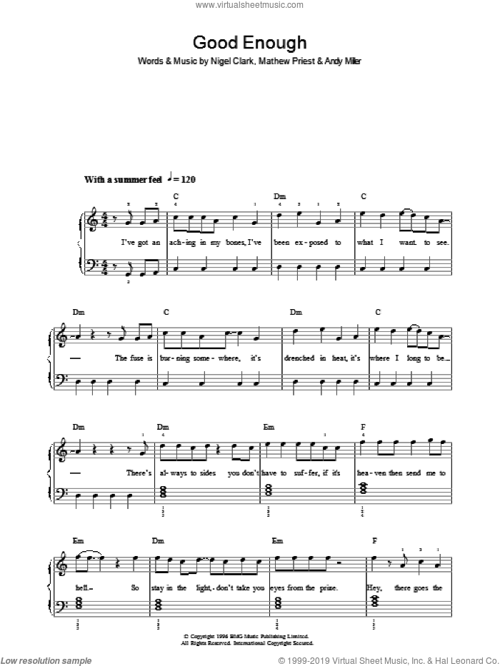 Good Enough sheet music for piano solo by Dodgy, Andy Miller, Mathew Priest and Nigel Clark, easy skill level