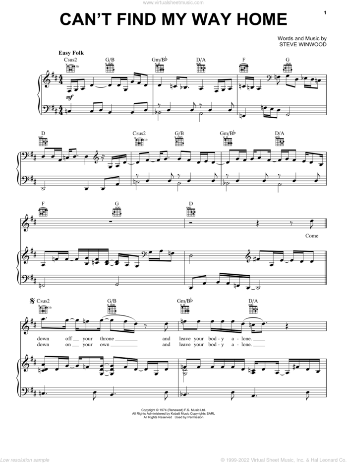 Can't Find My Way Home sheet music for voice, piano or guitar by Eric Clapton, Blind Faith and Steve Winwood, intermediate skill level