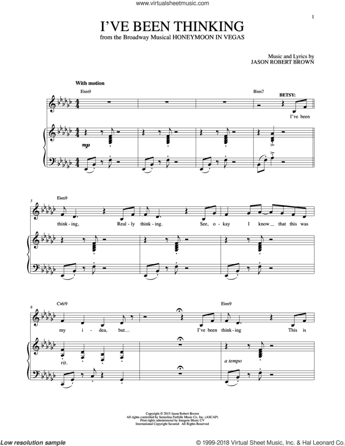 I've Been Thinking (from Honeymoon in Vegas) sheet music for voice and piano by Jason Robert Brown, intermediate skill level