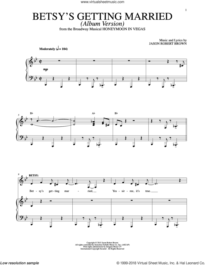 Betsy's Getting Married (Cast Album Version) (from Honeymoon in Vegas) sheet music for voice and piano by Jason Robert Brown, intermediate skill level