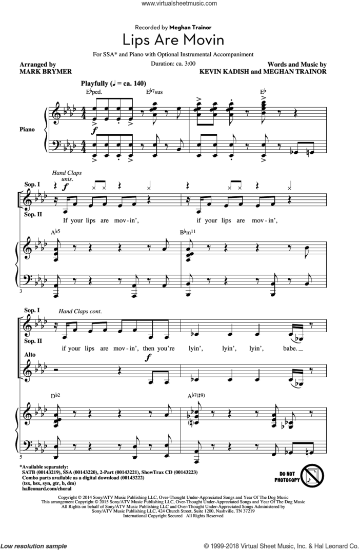 Lips Are Movin (arr. Mark Brymer) sheet music for choir (SSA: soprano, alto) by Mark Brymer, Kevin Kadish and Meghan Trainor, intermediate skill level