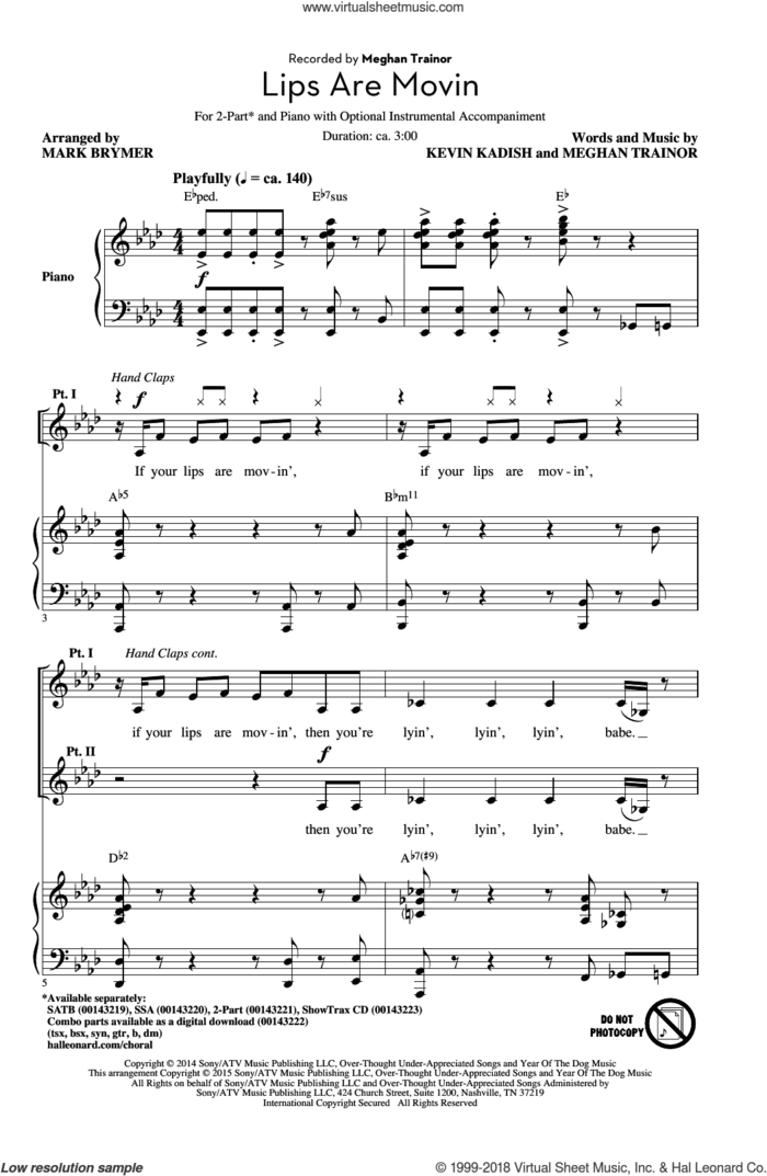 Lips Are Movin (arr. Mark Brymer) sheet music for choir (2-Part) by Mark Brymer, Kevin Kadish and Meghan Trainor, intermediate duet