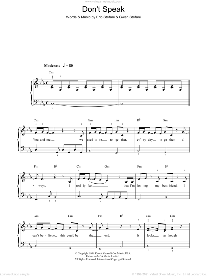 Don't Speak sheet music for piano solo by No Doubt, Eric Stefani and Gwen Stefani, easy skill level