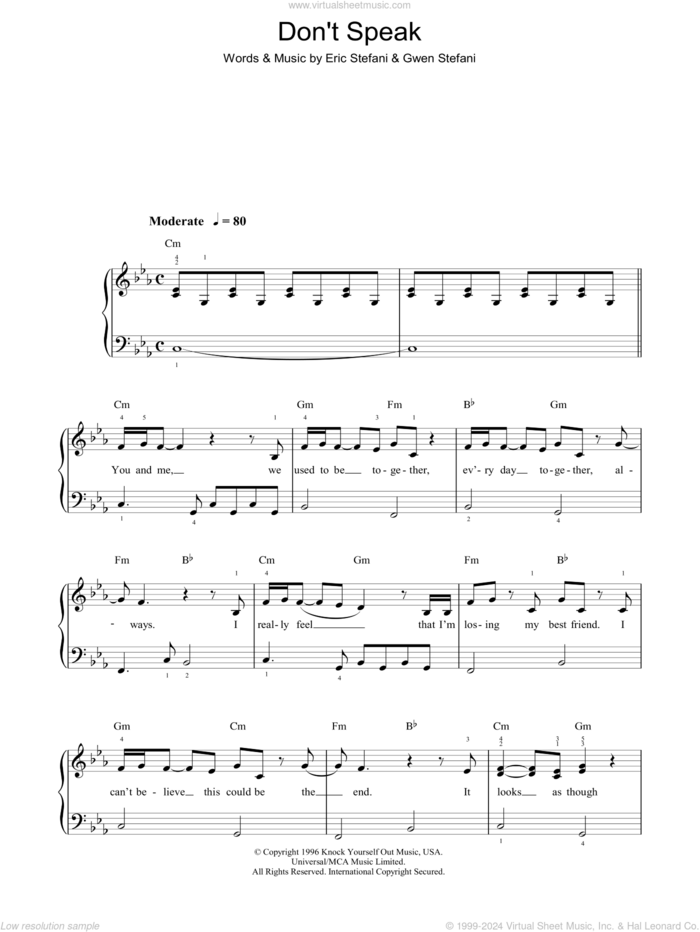 Don't Speak sheet music for piano solo by No Doubt, Eric Stefani and Gwen Stefani, easy skill level