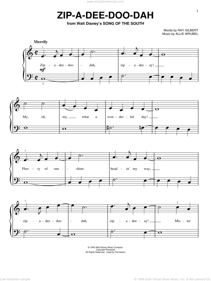 Zip-A-Dee-Doo-Dah (from Song Of The South), (beginner) sheet music for piano solo by Ray Gilbert, James Baskett and Allie Wrubel, beginner skill level