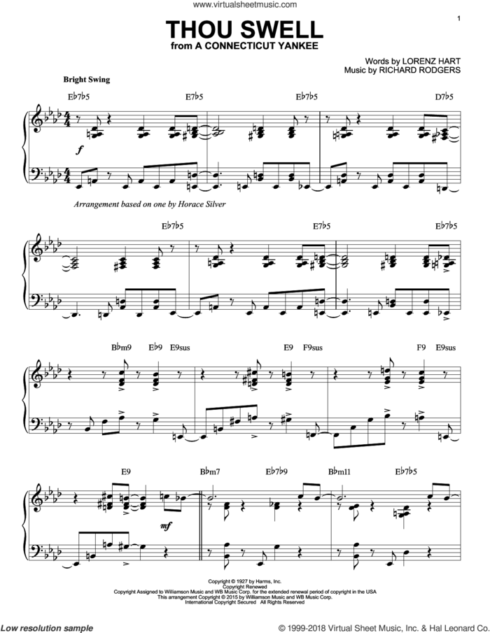 Thou Swell (arr. Brent Edstrom) sheet music for piano solo by Richard Rodgers, Horace Silver and Lorenz Hart, intermediate skill level