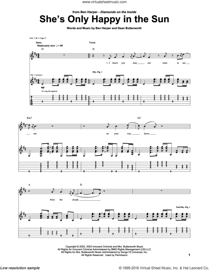 She's Only Happy In The Sun sheet music for guitar (tablature) by Ben Harper and Dean Butterworth, intermediate skill level