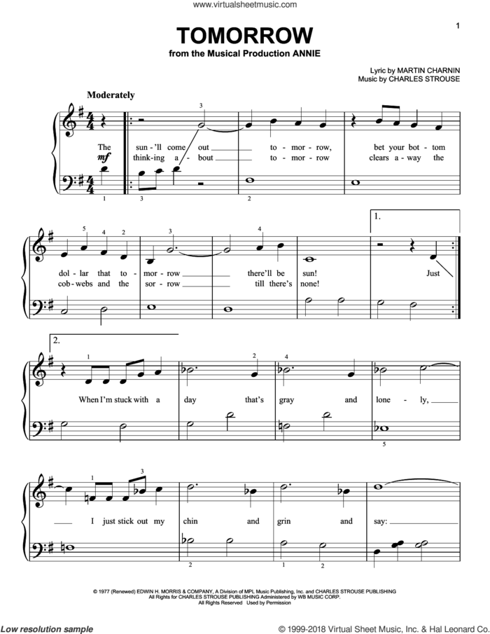 Tomorrow sheet music for piano solo by Charles Strouse and Martin Charnin, beginner skill level