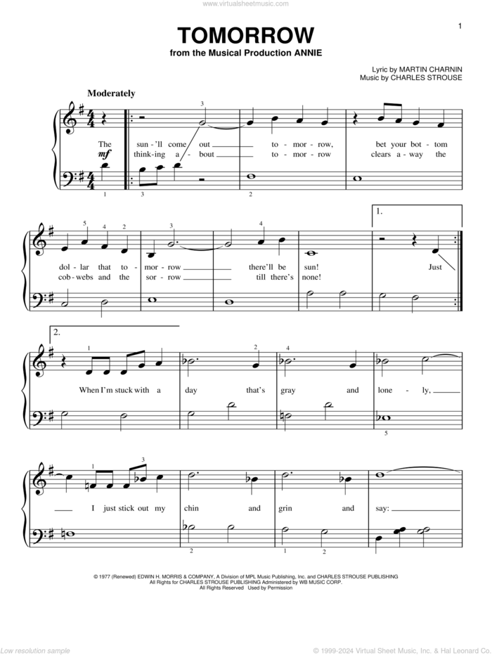 Tomorrow sheet music for piano solo by Charles Strouse and Martin Charnin, beginner skill level