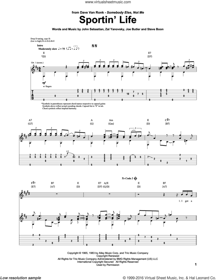 Sportin' Life sheet music for guitar (tablature) by Lovin' Spoonful, Joe Butler, John Sebastian, Steve Boon and Zal Yanovsky, intermediate skill level