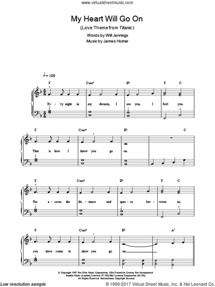 My Heart Will Go On (Love Theme from Titanic) sheet music for piano solo by Celine Dion, James Horner and Will Jennings, wedding score, easy skill level