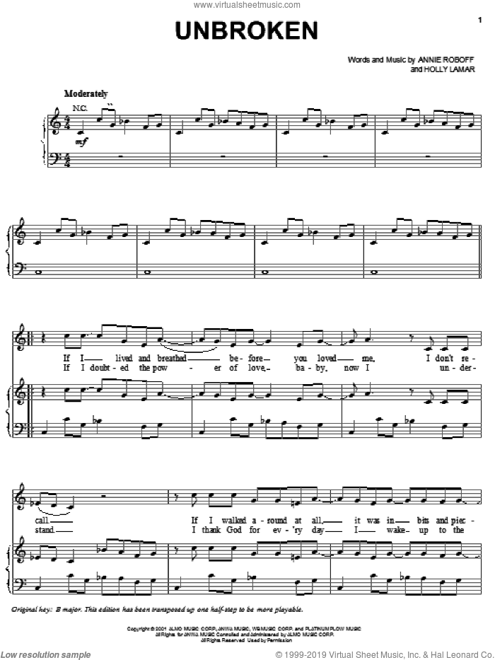 Unbroken sheet music for voice, piano or guitar by Tim McGraw, Annie Roboff and Holly Lamar, intermediate skill level