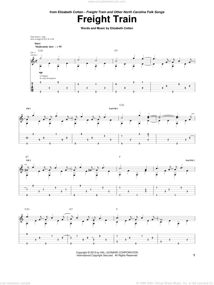 Freight Train sheet music for guitar (tablature) by Elizabeth Cotten, intermediate skill level