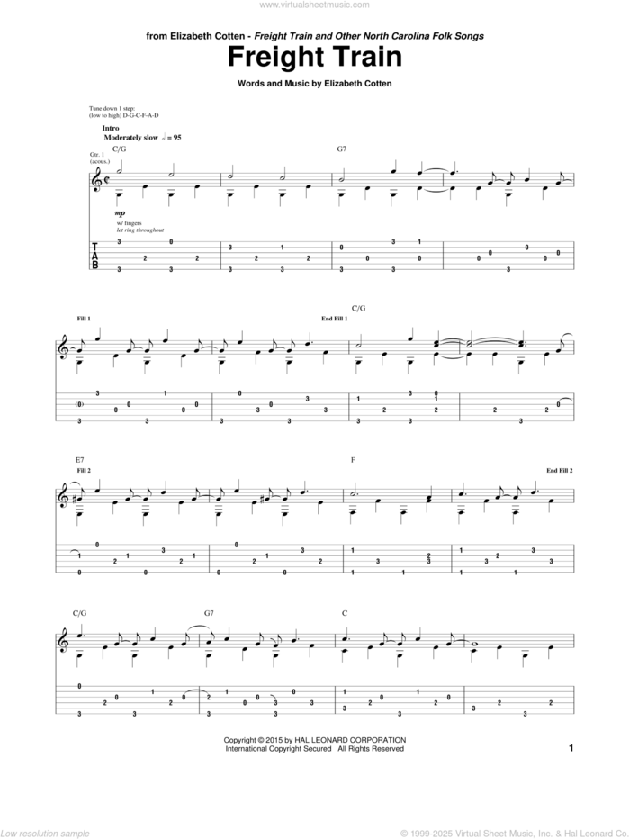 Freight Train sheet music for guitar (tablature) by Elizabeth Cotten, intermediate skill level