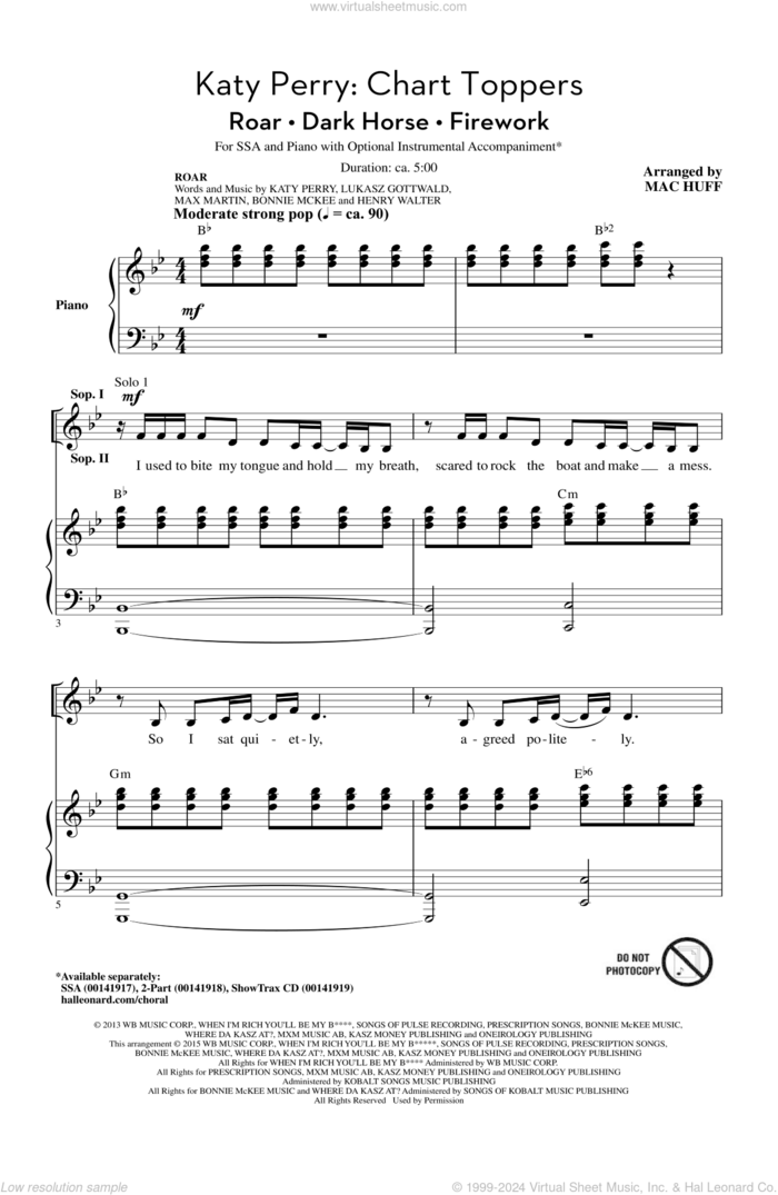 Katy Perry: Chart Toppers sheet music for choir (SSA: soprano, alto) by Katy Perry, Mac Huff, Bonnie McKee, Henry Walter, Jordan Houston, Lukasz Gottwald, Max Martin, Sarah Hudson, Ester Dean, Mikkel Eriksen, Sandy Wilhelm and Tor Erik Hermansen, intermediate skill level