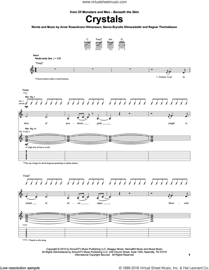 Crystals sheet music for guitar (tablature) by Of Monsters And Men, Arnar Rosenkranz Hilmarsson, Nanna Bryndis Hilmarsdottir and Ragnar Thorhallsson, intermediate skill level