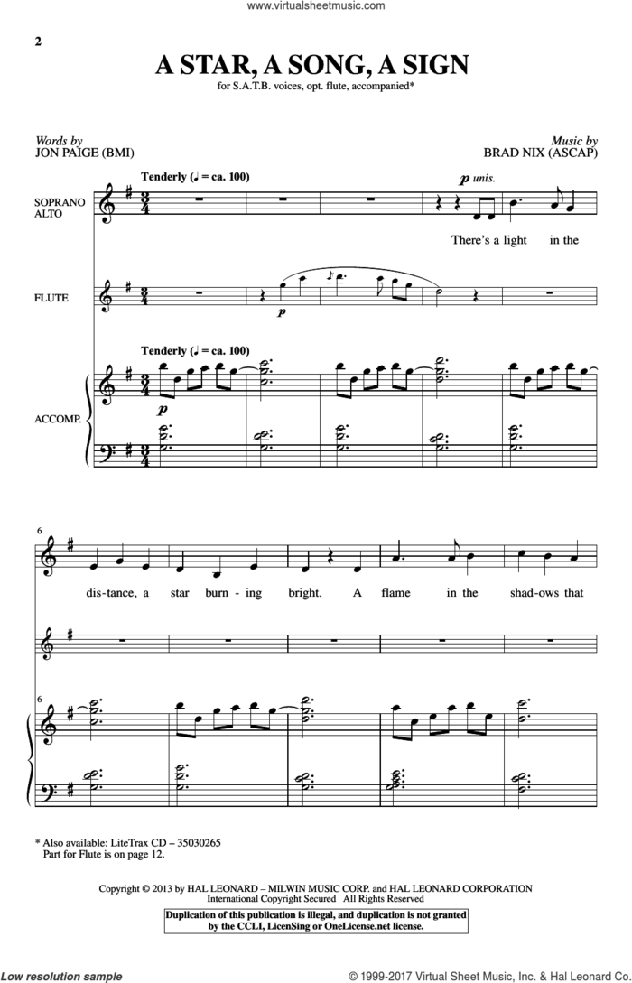 A Star, A Song, A Sign sheet music for choir (SATB: soprano, alto, tenor, bass) by Brad Nix and Jon Paige, intermediate skill level