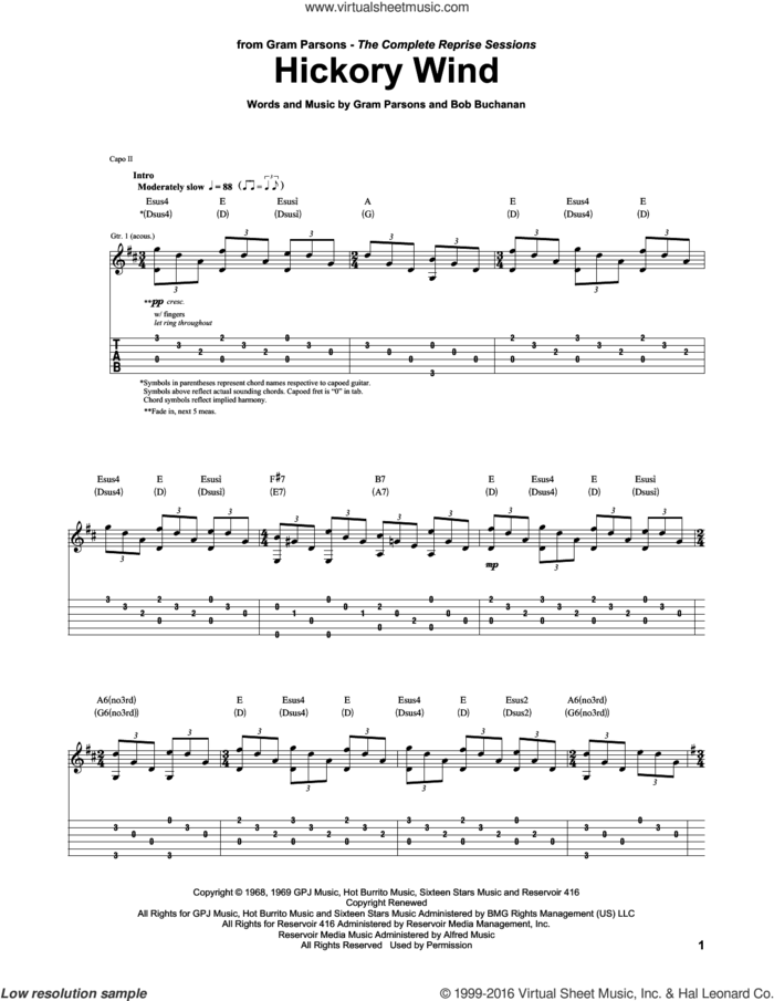 Hickory Wind sheet music for guitar (tablature) by The Byrds, Bob Buchanan and Gram Parsons, intermediate skill level