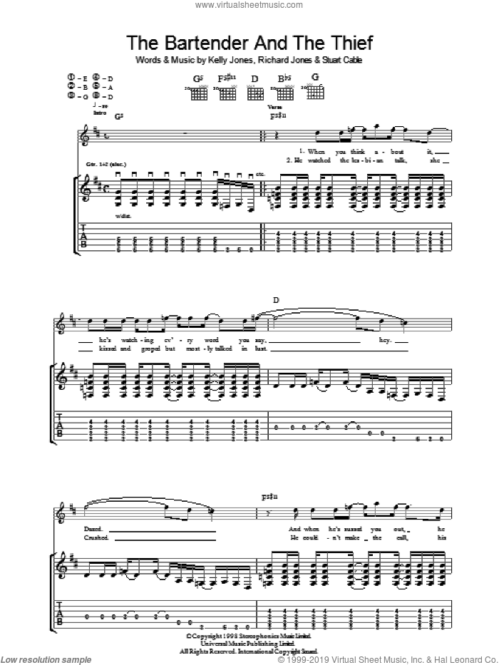 The Bartender And The Thief sheet music for guitar (tablature) by Stereophonics, Kelly Jones, Richard Jones and Stuart Cable, intermediate skill level