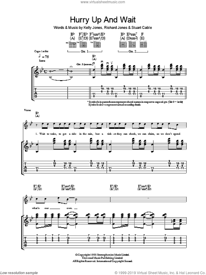 Hurry Up And Wait sheet music for guitar (tablature) by Stereophonics, Kelly Jones, Richard Jones and Stuart Cable, intermediate skill level