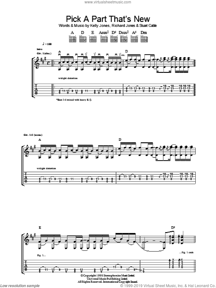 Pick A Part That's New sheet music for guitar (tablature) by Stereophonics, Kelly Jones, Richard Jones and Stuart Cable, intermediate skill level