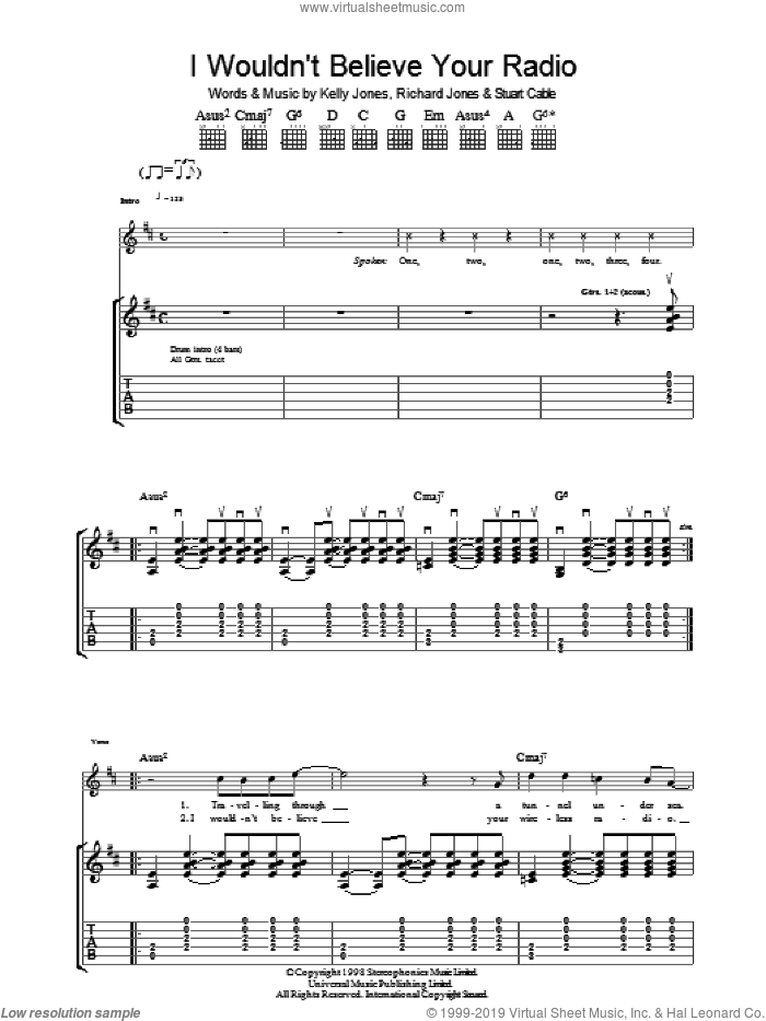 I Wouldn't Believe Your Radio sheet music for guitar (tablature) by Stereophonics, Kelly Jones, Richard Jones and Stuart Cable, intermediate skill level