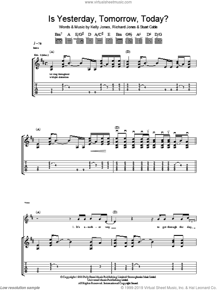 Is Yesterday, Tomorrow, Today? sheet music for guitar (tablature) by Stereophonics, Kelly Jones, Richard Jones and Stuart Cable, intermediate skill level