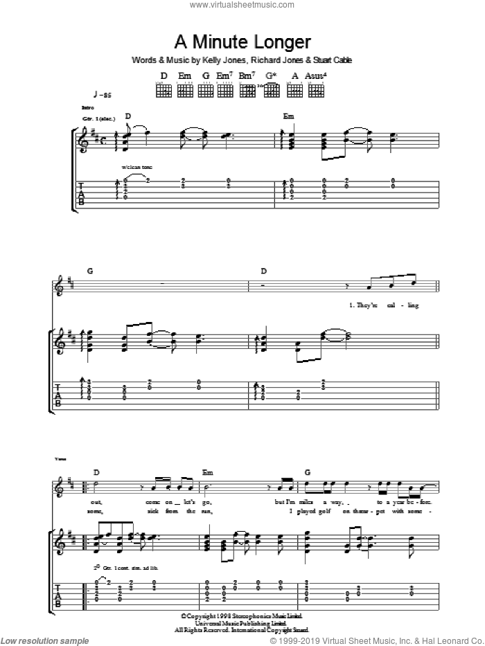 A Minute Longer sheet music for guitar (tablature) by Stereophonics, Kelly Jones, Richard Jones and Stuart Cable, intermediate skill level