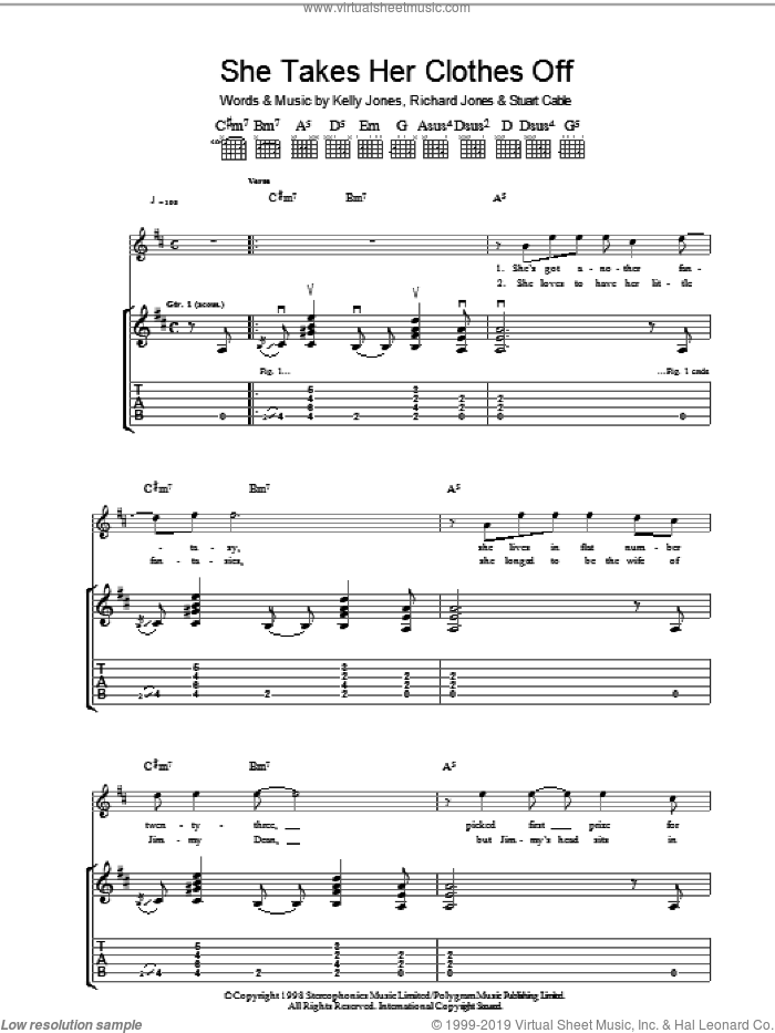 She Takes Her Clothes Off sheet music for guitar (tablature) by Stereophonics, Kelly Jones, Richard Jones and Stuart Cable, intermediate skill level