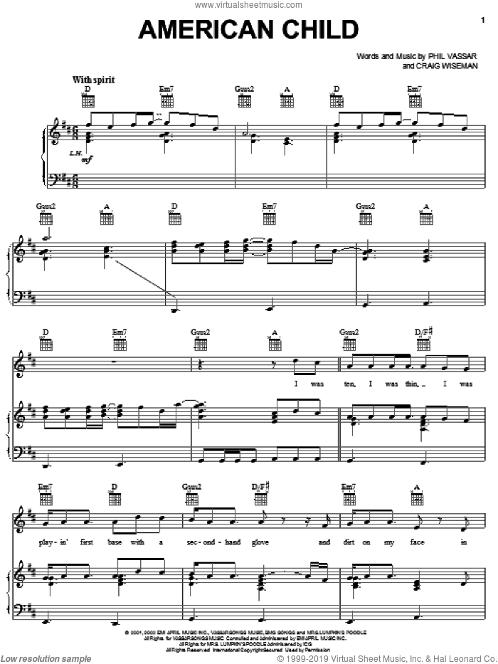 American Child sheet music for voice, piano or guitar by Phil Vassar and Craig Wiseman, intermediate skill level