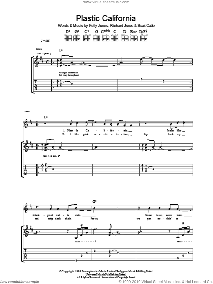Plastic California sheet music for guitar (tablature) by Stereophonics, Kelly Jones, Richard Jones and Stuart Cable, intermediate skill level
