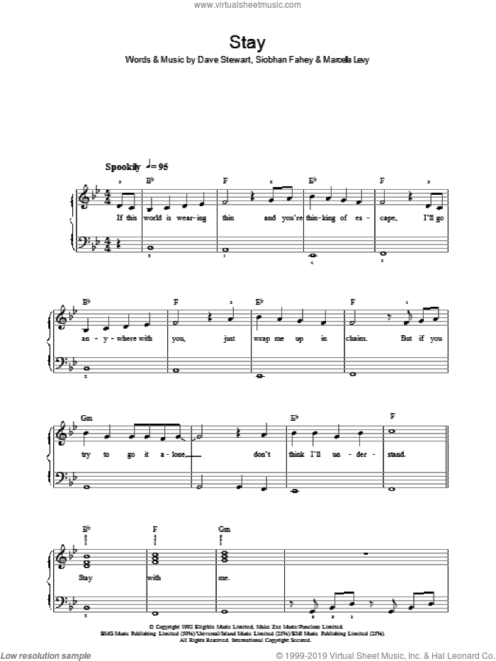 Stay sheet music for piano solo by Shakespear's Sister, Dave Stewart, Marcella Levy and Siobhan Fahey, easy skill level