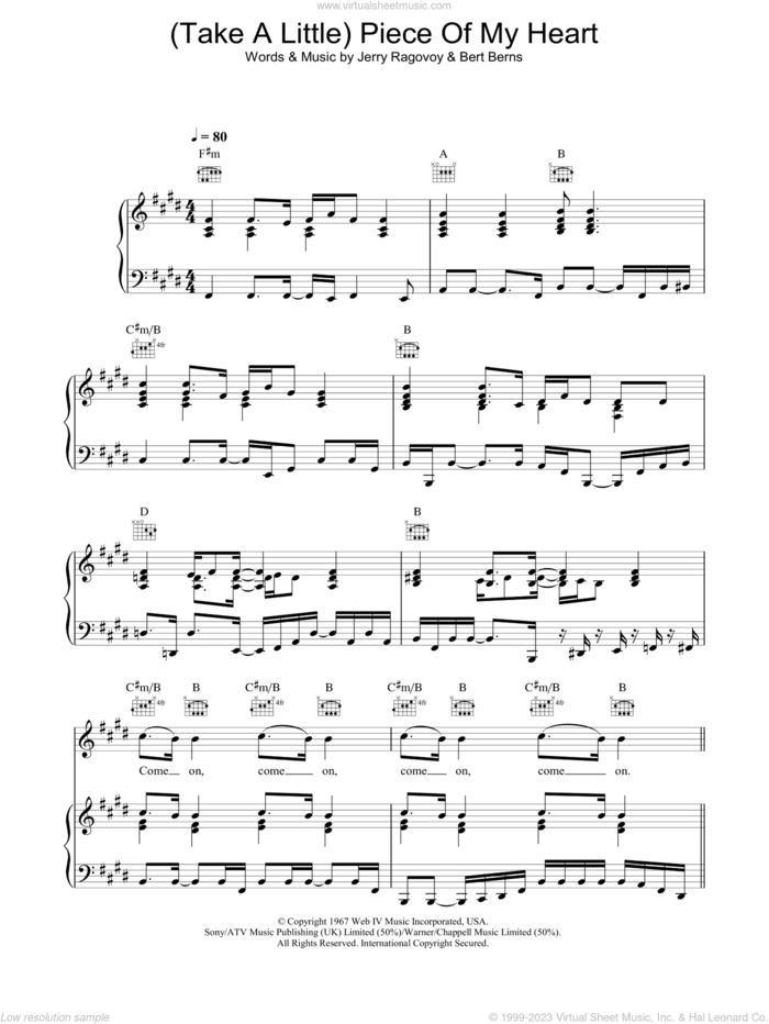 (Take A Little) Piece Of My Heart sheet music for voice, piano or guitar by Beverley Knight, Bert Berns and Jerry Ragovoy, intermediate skill level