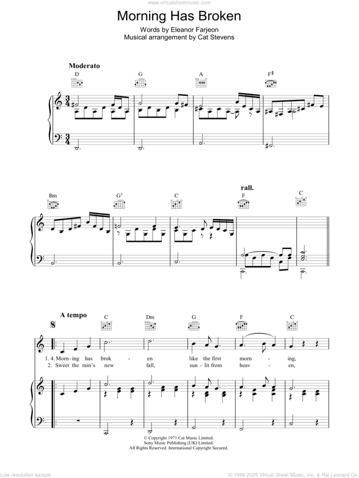 Morning Has Broken sheet music for voice, piano or guitar by Cat Stevens and Eleanor Farjeon, intermediate skill level