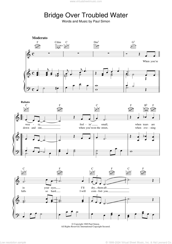 Bridge Over Troubled Water, (easy) sheet music for piano solo by Simon & Garfunkel, Art Garfunkel and Paul Simon, wedding score, easy skill level