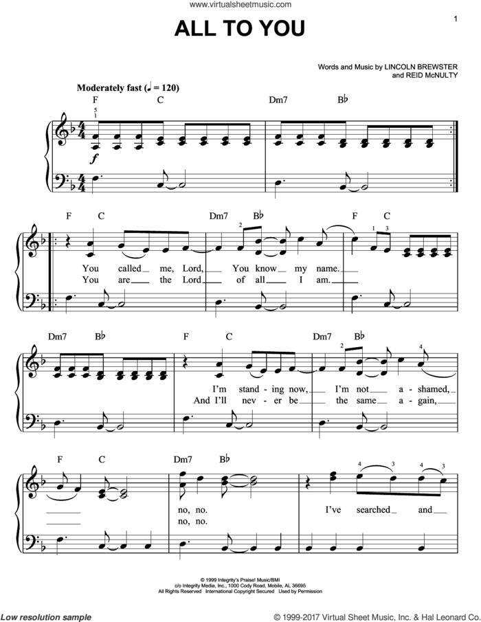 All To You sheet music for piano solo by Lincoln Brewster and Reid McNulty, easy skill level